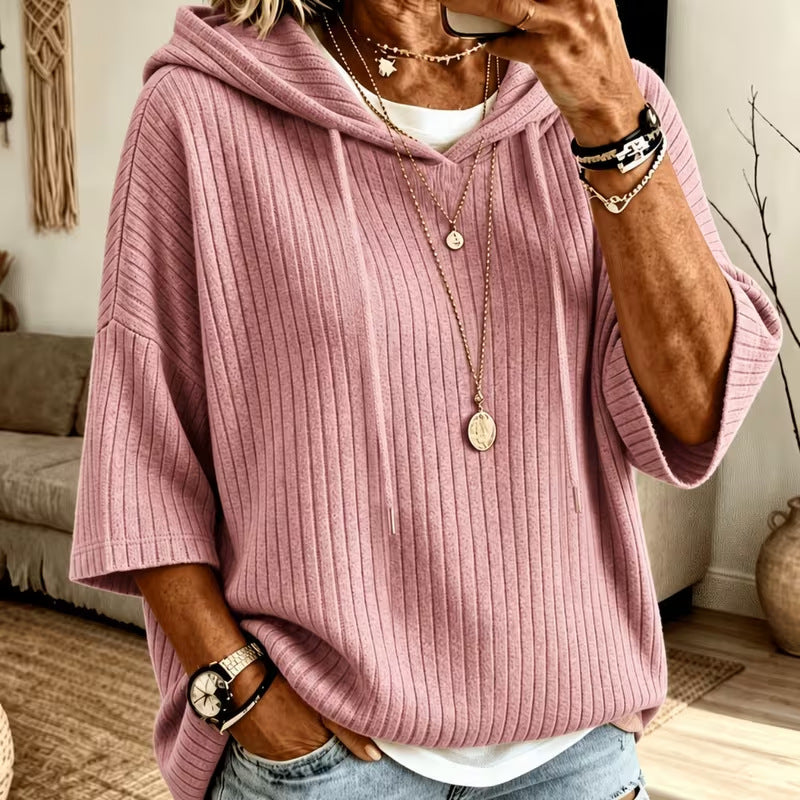 Oversized Ribbed Half Sleeve Hoodie Tunic Pullover Top