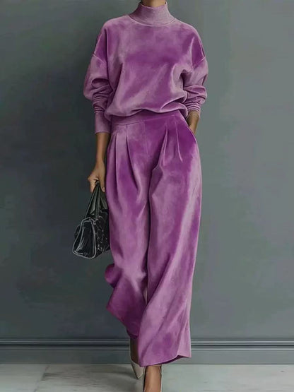 Women Elegant Mock Neck Wide Leg Pants Matching Set
