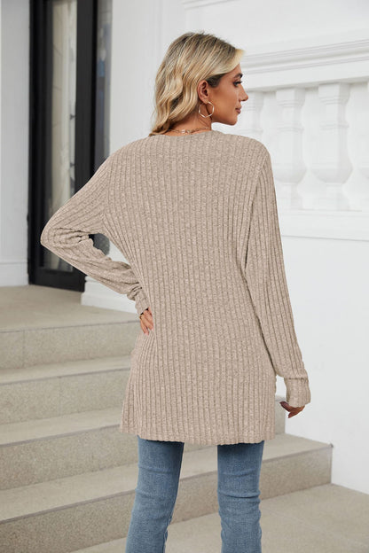 Simple Pocketed Long Sleeve Cardigan Knit Top