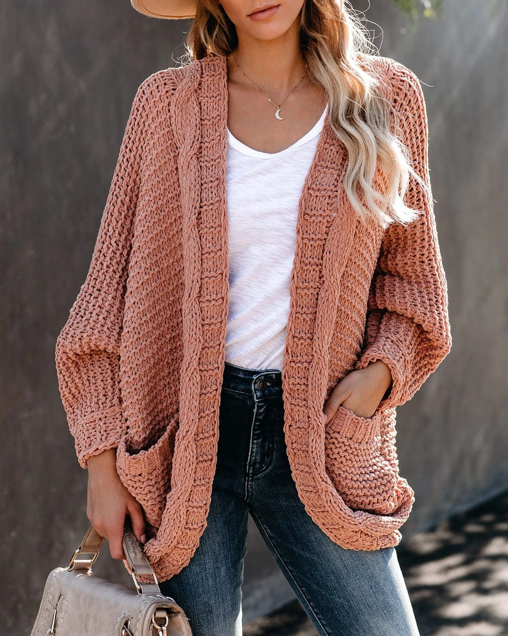 Women's Oversized Chunky Knit Open Front Cardigan Pockets