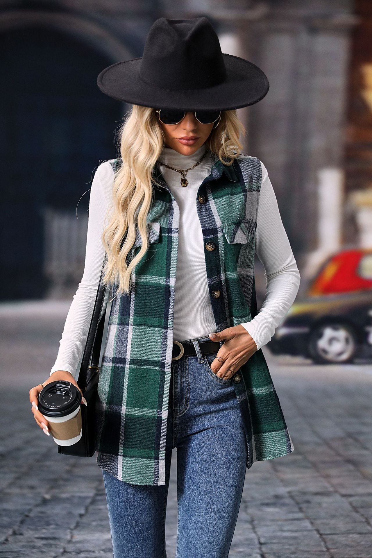 Plaid sleeveless shacket button front longline fit