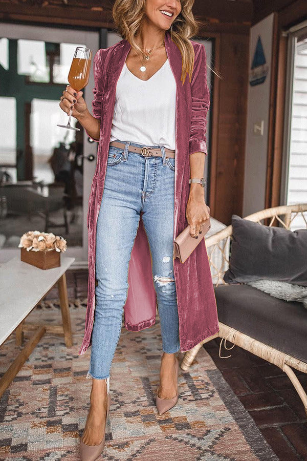 Womens Long Velvet Duster Open Front Cardigan