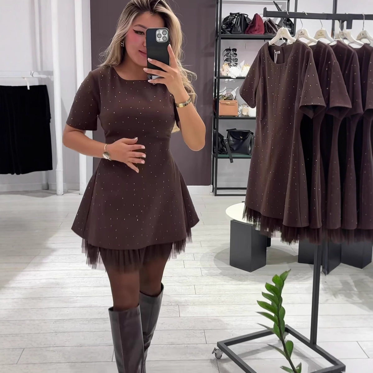 Rhinestone Lace Trim Short Sleeve A-Line Mini Dress