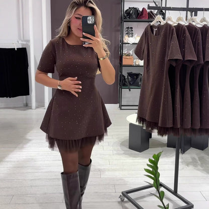 Rhinestone Lace Trim Short Sleeve A-Line Mini Dress
