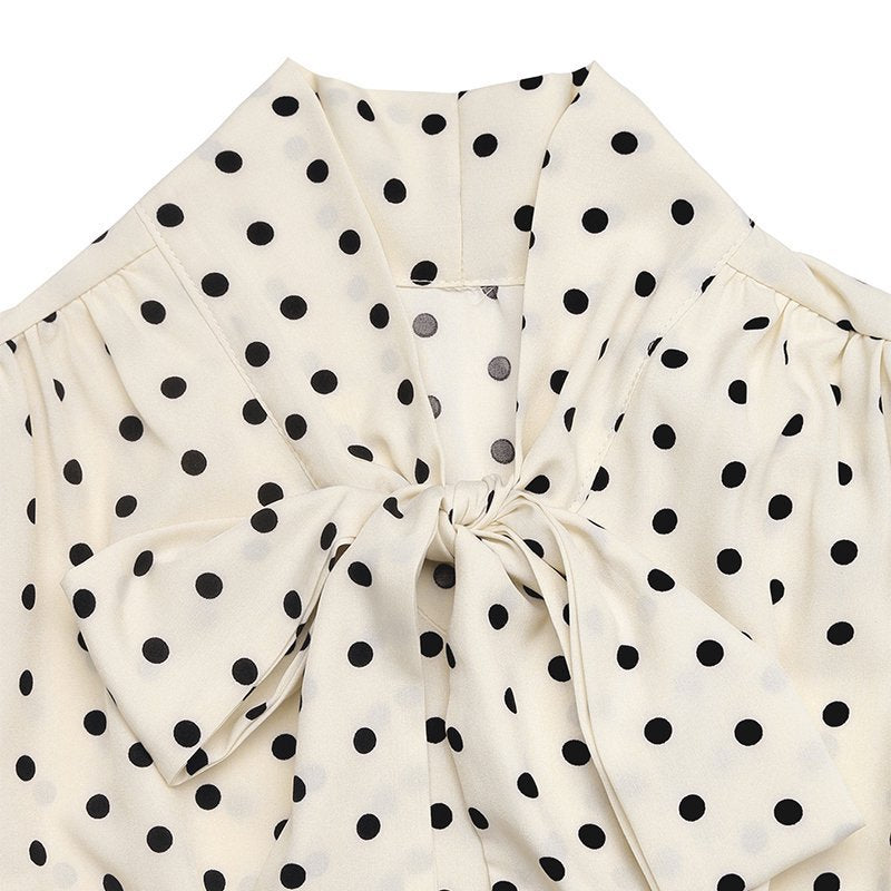 Polka Dot Bow Tie Long Sleeve A-Line Midi Dress