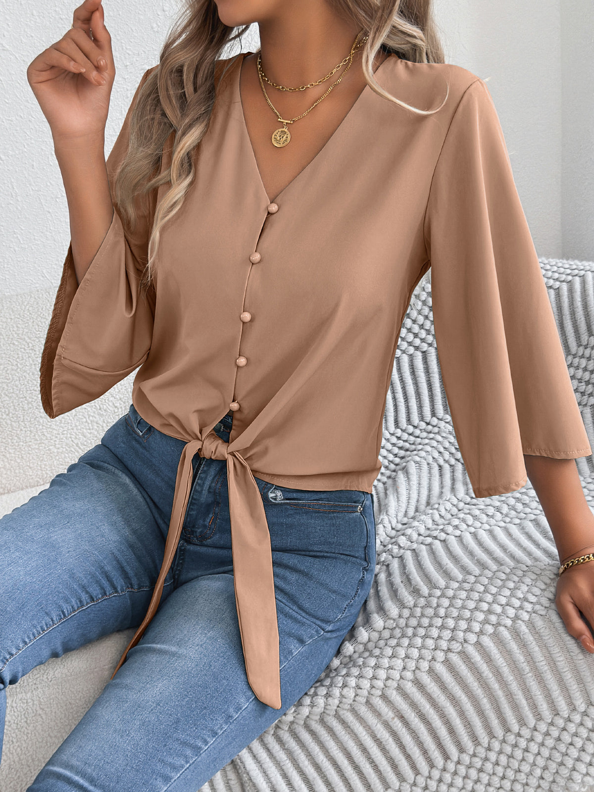 Women's V Neck Button Down Tie Front 3/4 Sleeve Blouse