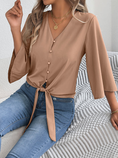 Women's V Neck Button Down Tie Front 3/4 Sleeve Blouse