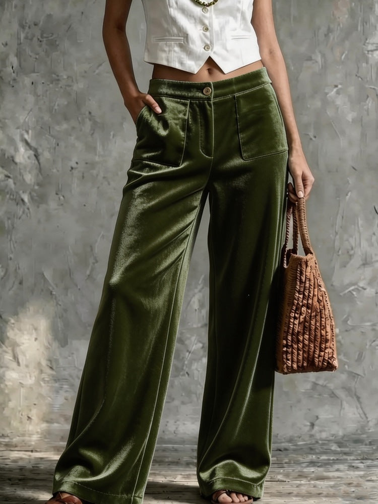 Women's Velvet High Waist Wide Leg Pants Pockets