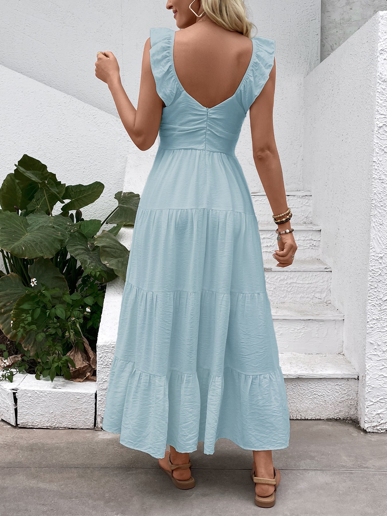 Boho V Neck Sleeveless Tiered Maxi Dress Beach Vacation