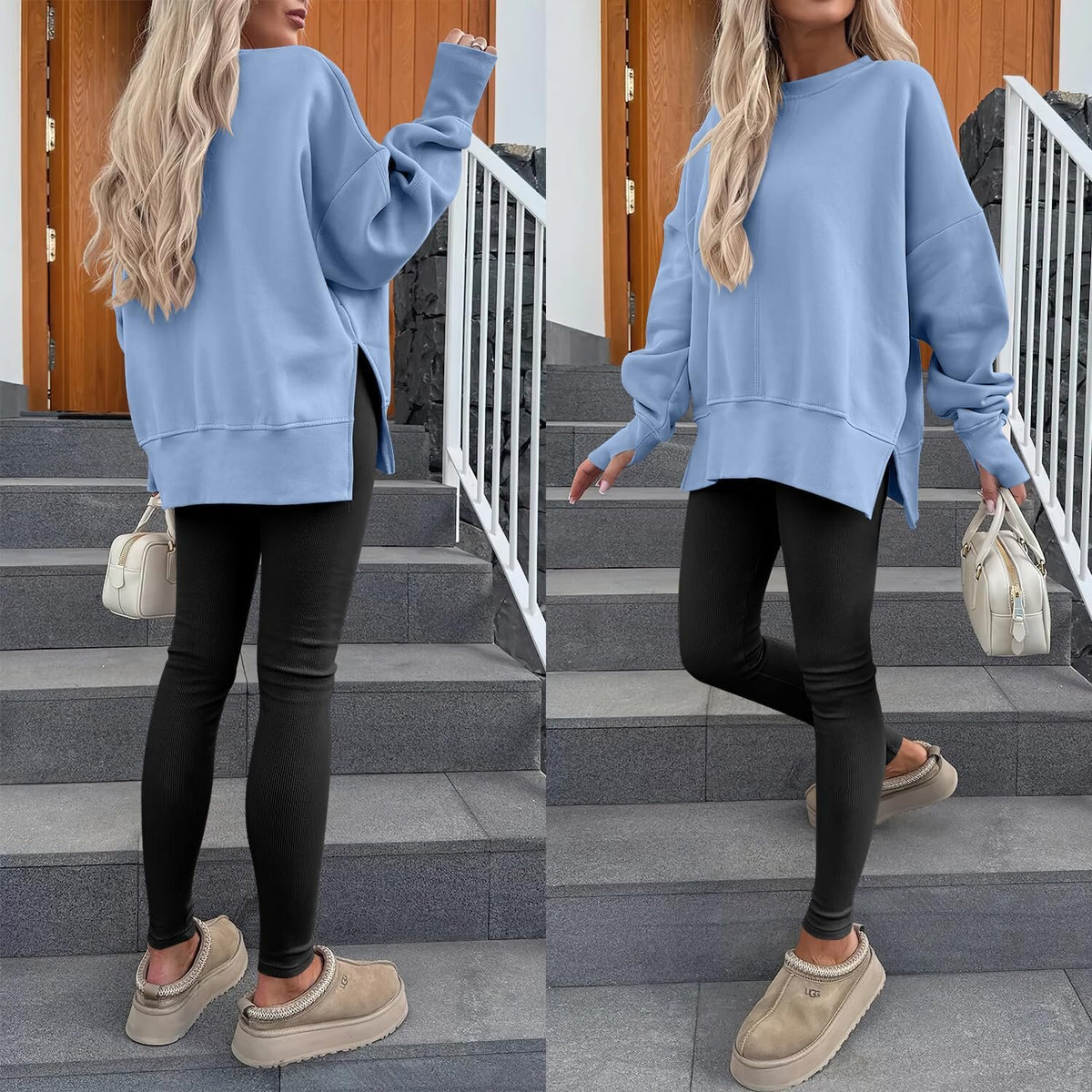 Oversized Crewneck Sweatshirt Batwing Side Slit Fleece