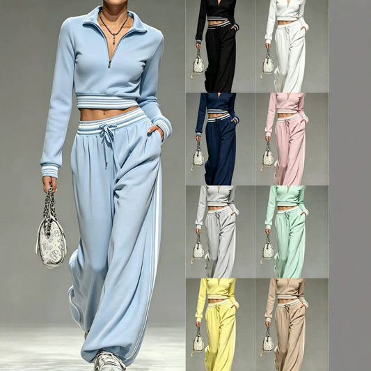 Womens 2 Piece Half Zip Crop Top Wide Leg Sweatpants Set