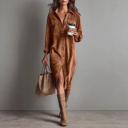 Women's Corduroy Shirt Dress Button Down Midi Long Sleeve