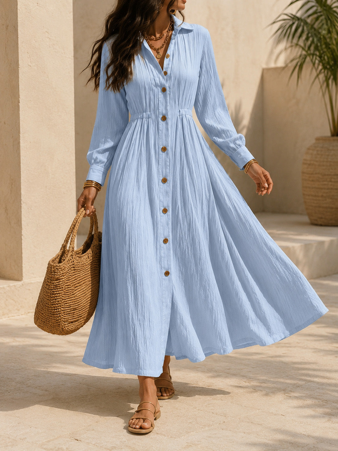 Women's Long Sleeve Maxi Shirt Dress Button Front Pockets