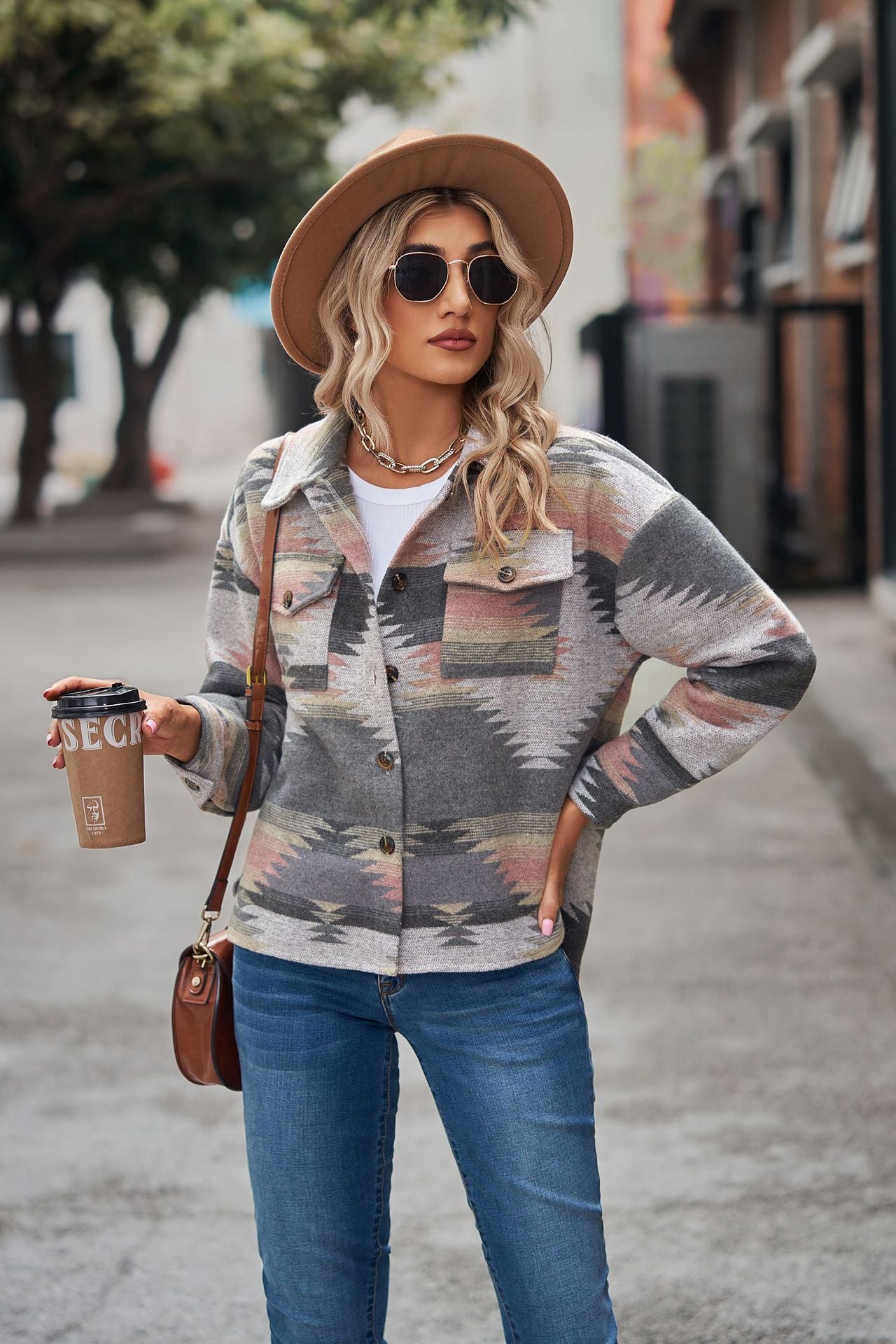 Women's Aztec Shacket Oversized Button Front Jacket