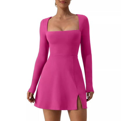 Square Neck Corset Long Sleeve Slit Mini Dress