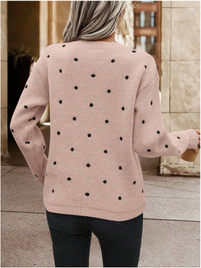Women's Polka Dot Crew Neck Long Sleeve Sweater