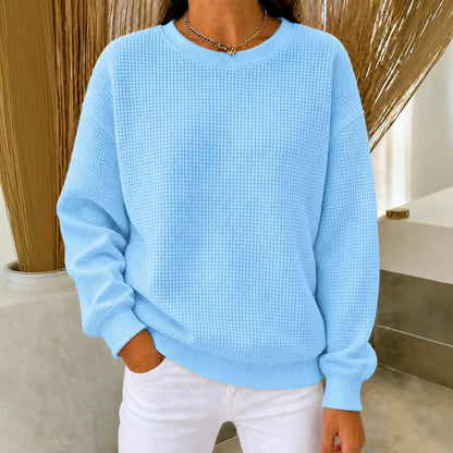 Women's Waffle Knit Oversized Crew Neck Long Sleeve Top