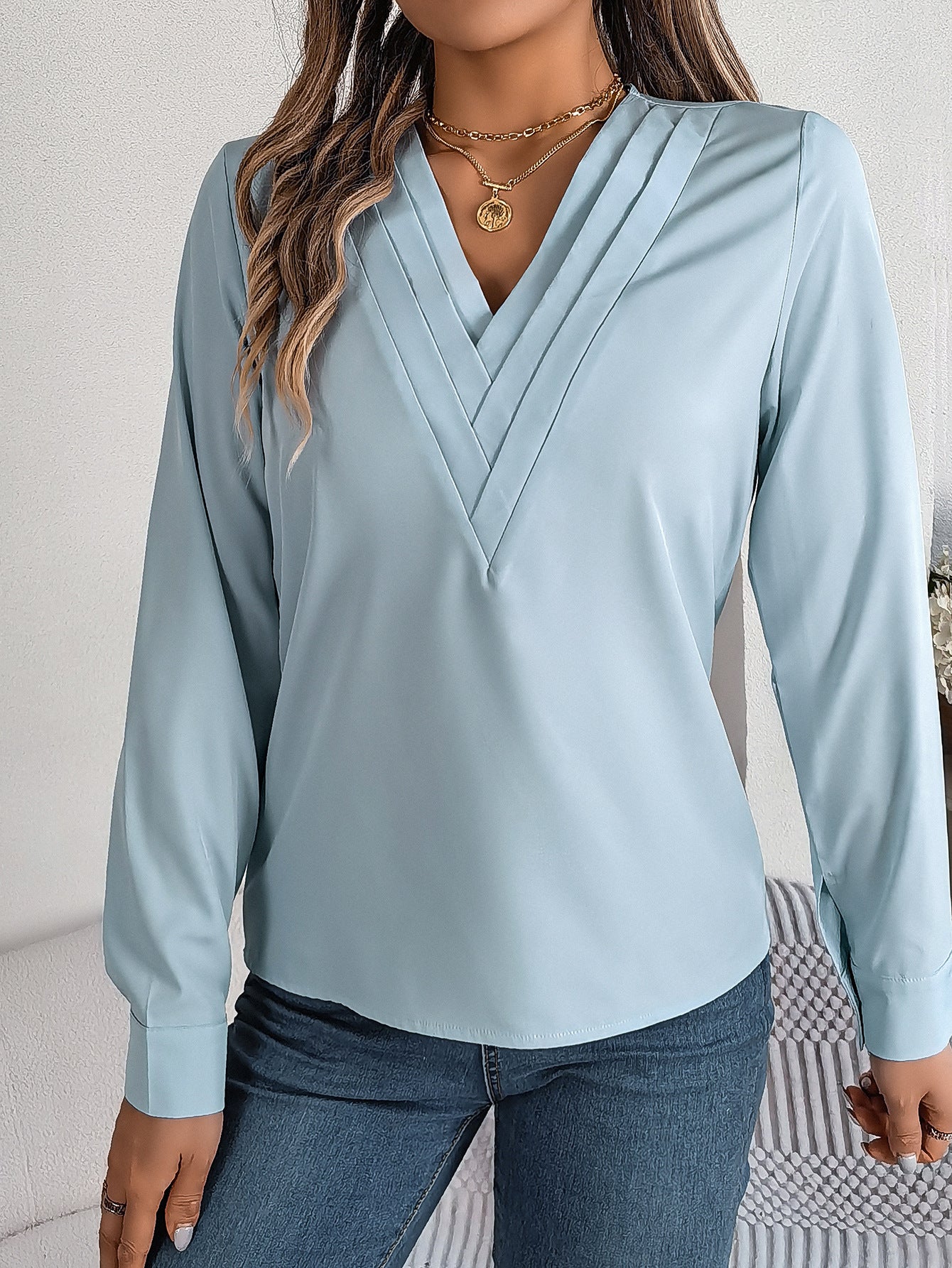 Elegant Layered V-Neck Long Sleeve Blouse – 2025 Fall/Winter