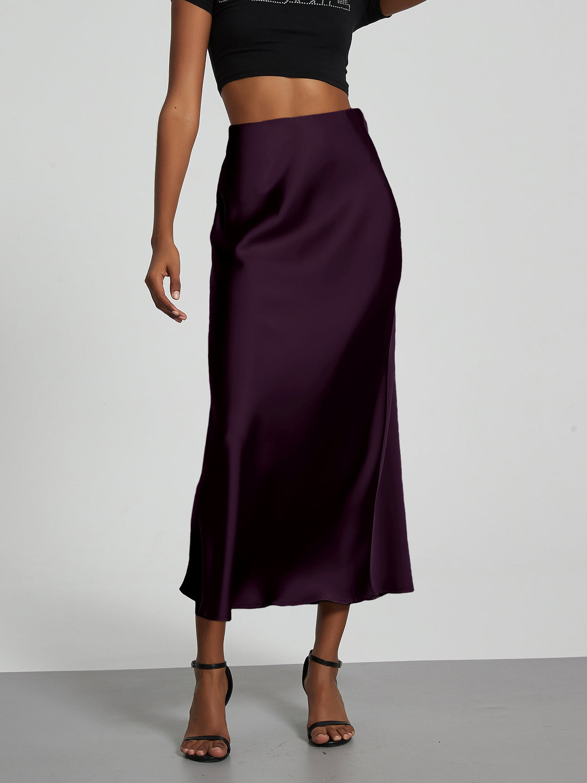 Women's Satin Midi Skirt High Waist Silky Flowy Elegant