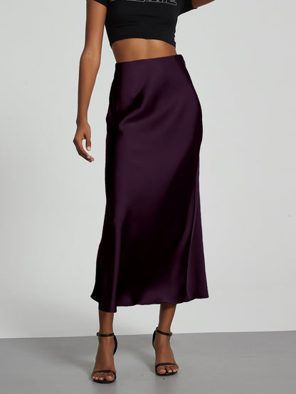 Women's Satin Midi Skirt High Waist Silky Flowy Elegant