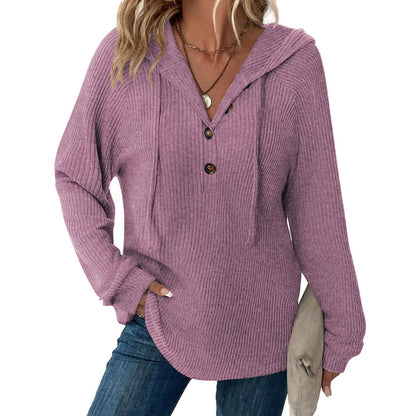 Women’s Knit Hooded Pullover Button V Neck Sweater