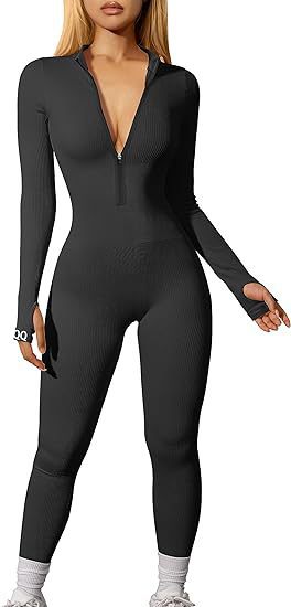 Women's Ribbed Zip Front Long Sleeve Workout Jumpsuit