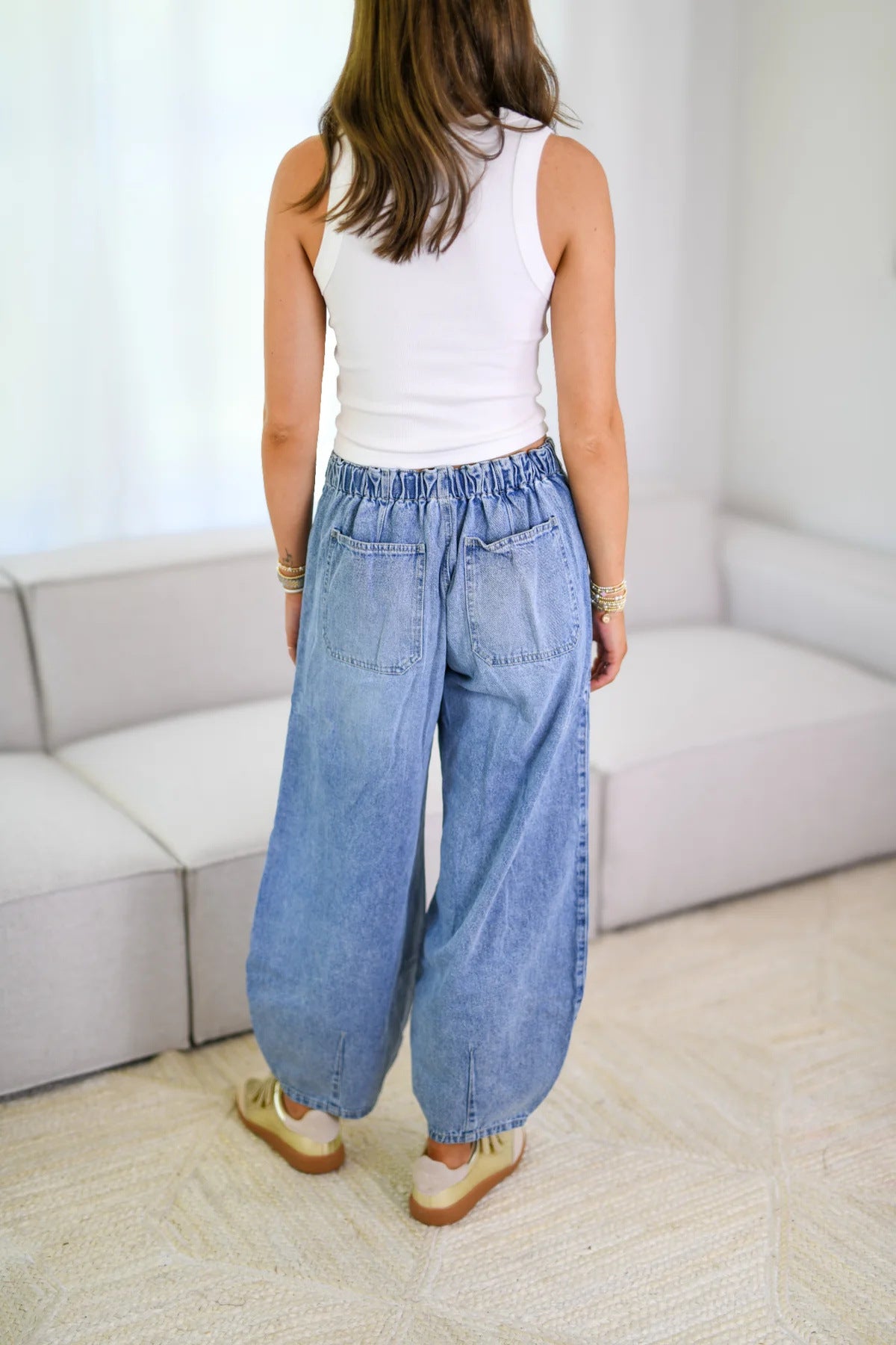 Women's Barrel Cargo Jeans Drawstring Vintage Wash