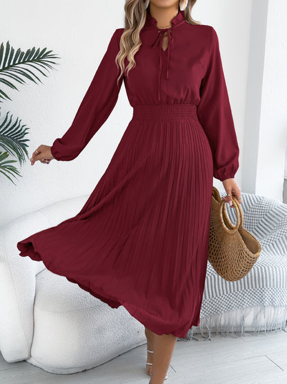 Pleated Chiffon Maxi Dress Elegant Tie Neck Long Sleeve
