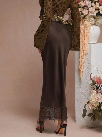 Acetate Satin Mermaid Skirt Lace Trim Mid-Length Elegant Dress