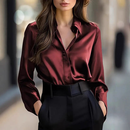 Women's Satin Long Sleeve Button Up V-Neck Blouse