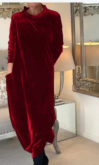 Women's Scarf Neck Velvet Maxi Dress Long Sleeve Pockets