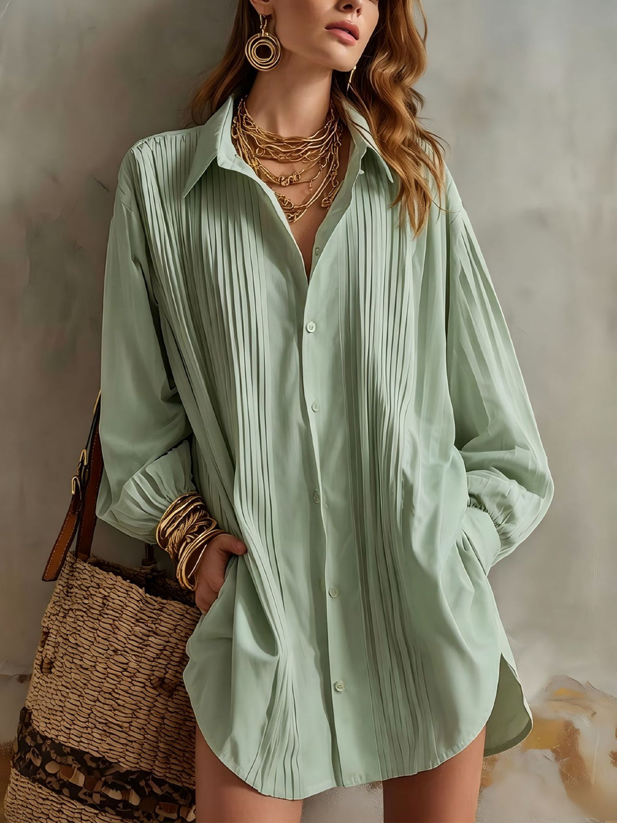 Women's Oversized Pleated Collared Shirt Long Sleeve Blouse