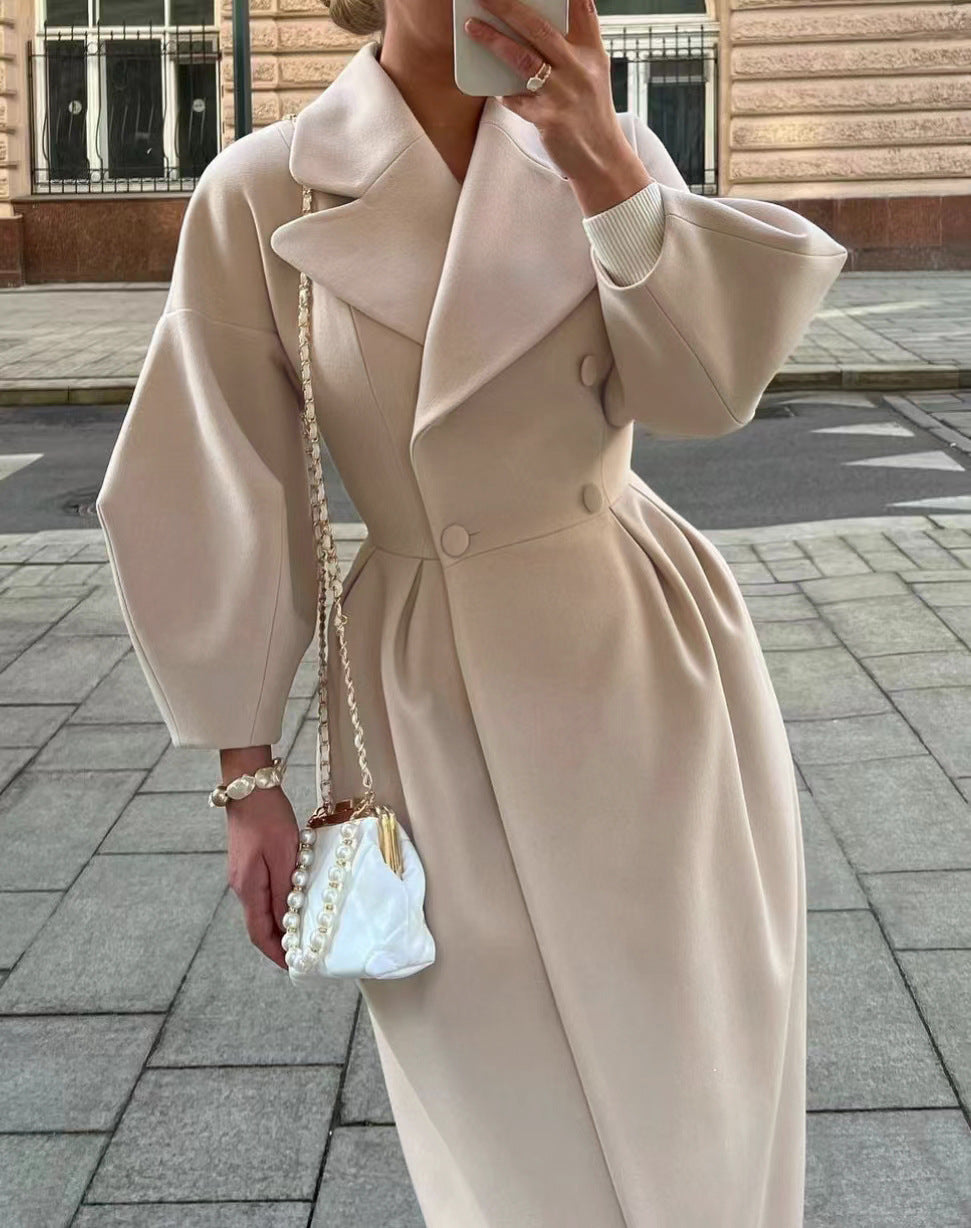 Women's Vintage Double Breasted Long Coat Balloon Sleeve