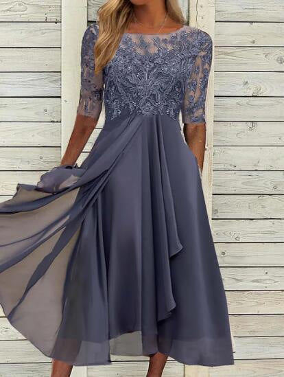 Women's Lace Chiffon Wedding Guest Midi Dress