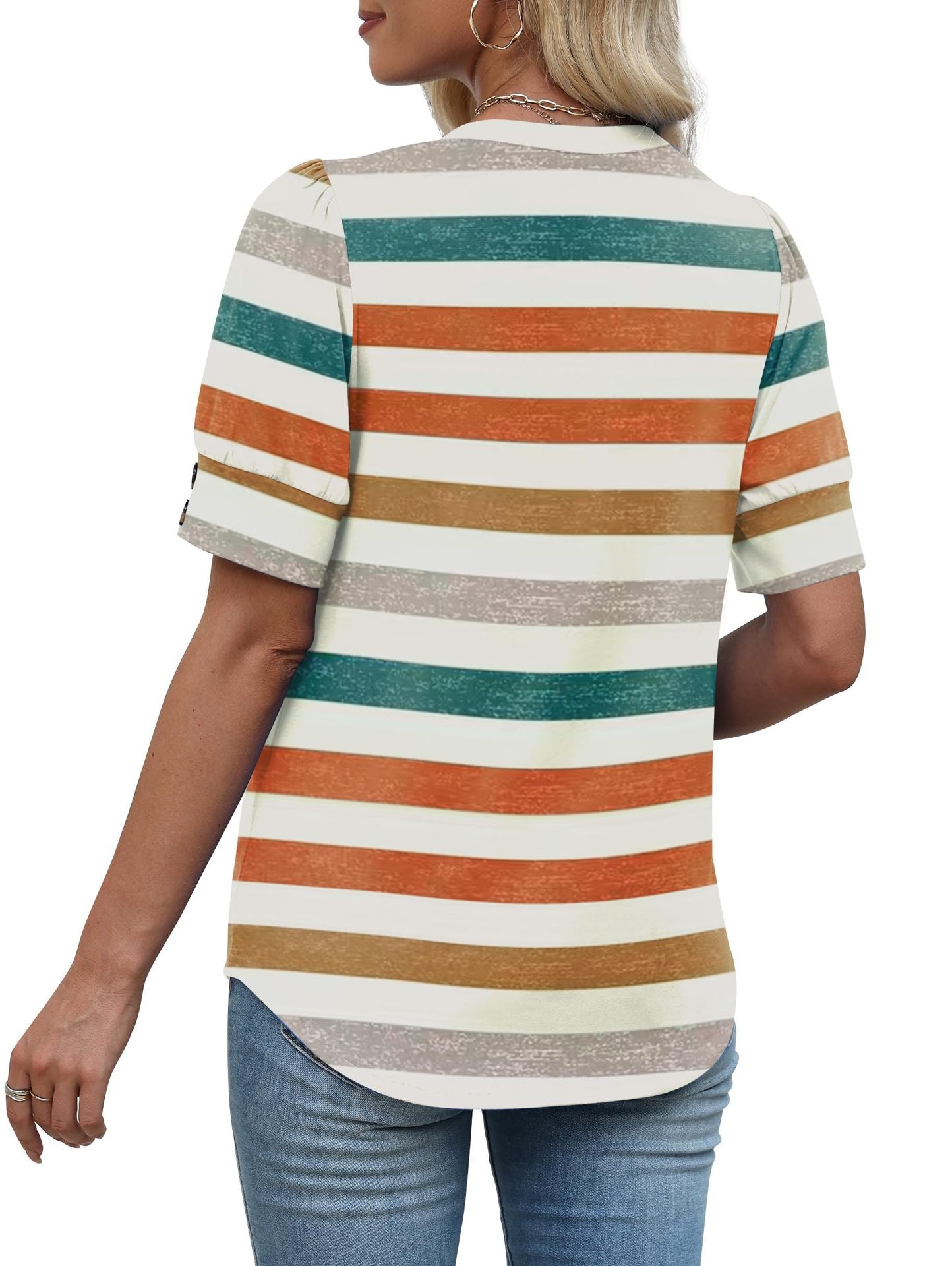 Solid Color V Neck Button Sleeve Puff Top Casual Tee
