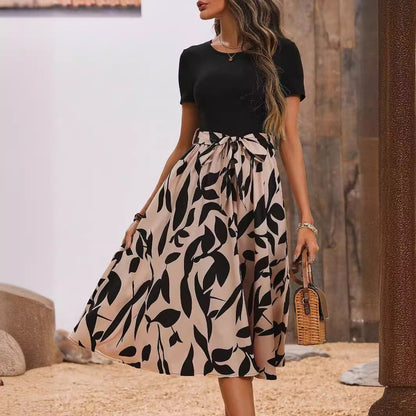 New Elegant Women's Printed Splicing Short-Sleeve Dress