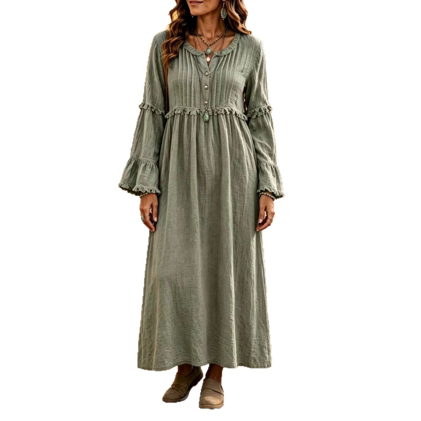 Women's Ruffle Maxi Dress V Neck Button Long Sleeve Boho