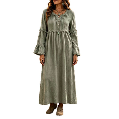 Women's Ruffle Maxi Dress V Neck Button Long Sleeve Boho