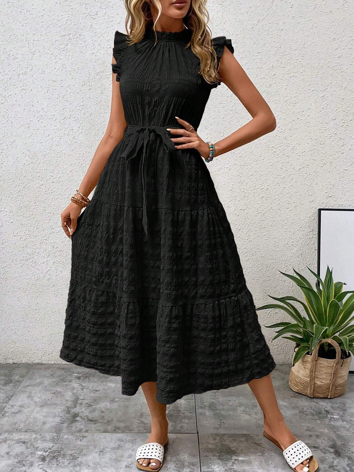 Lace-Up Textured Dress with Ruffled Sleeves