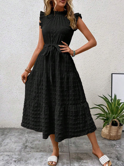 Lace-Up Textured Dress with Ruffled Sleeves