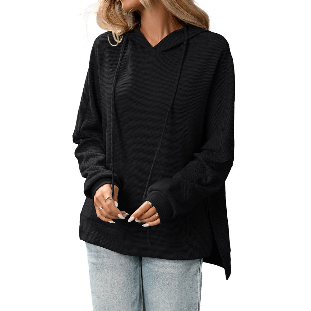 Trendy Waffle Knit Hoodie – Comfortable Casual Pullover for Fall/Winter