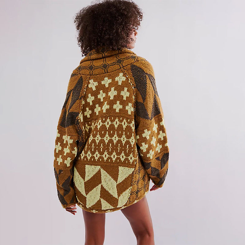 Y2K Oversized Geometric Knit Cardigan Button Front