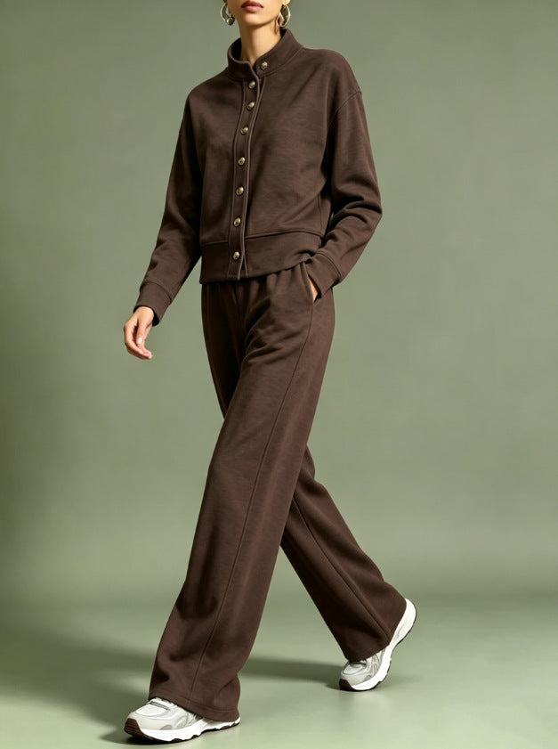 Women's Button Front Sweatshirt Wide Leg Pants Lounge Set