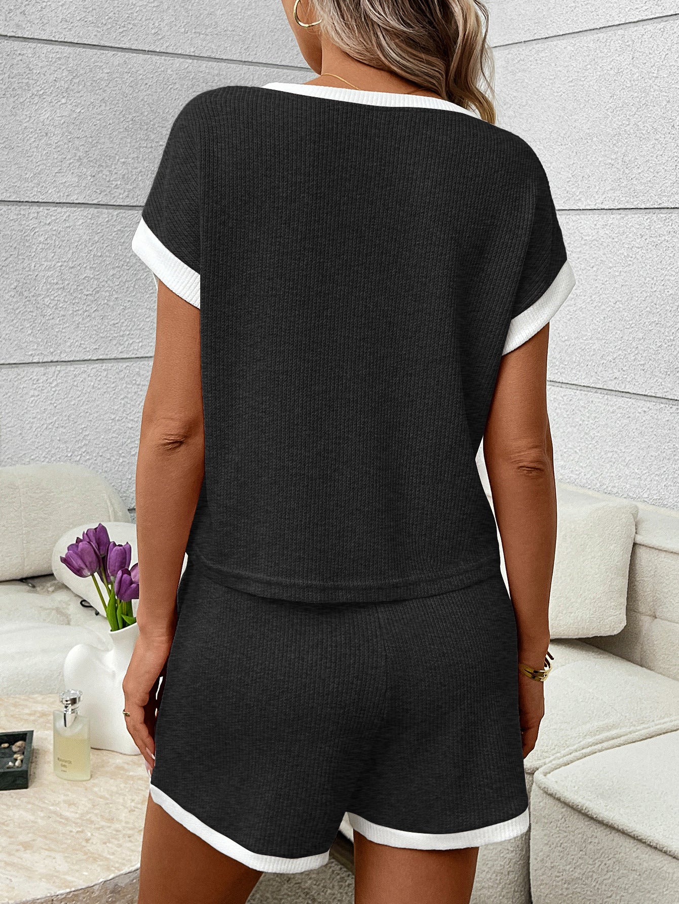 Green Ribbed Lounge Set Contrast Trim Tee Shorts Set