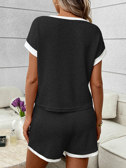 Green Ribbed Lounge Set Contrast Trim Tee Shorts Set