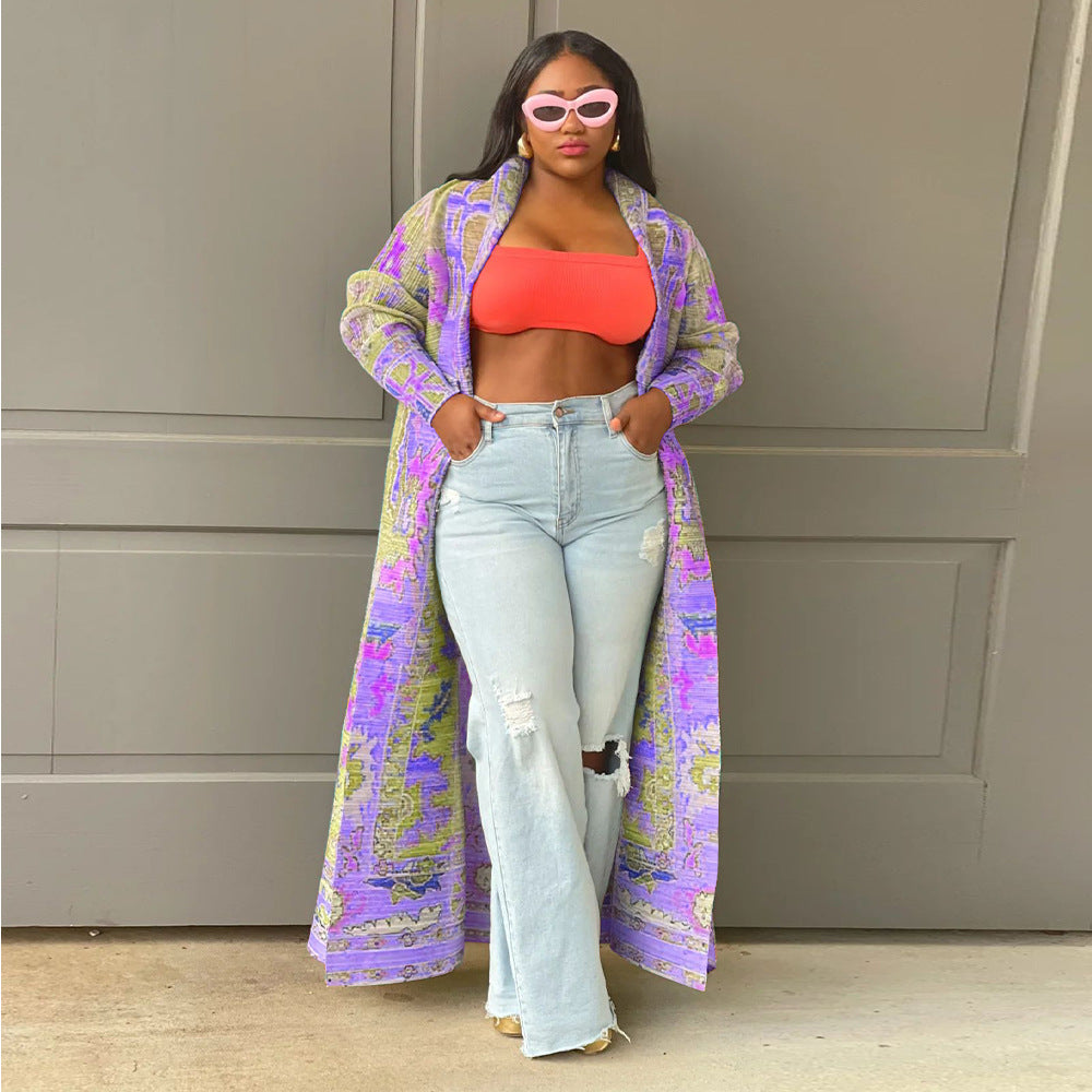 Plus Size Pleated Geometric Maxi Duster Coat