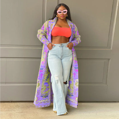 Plus Size Pleated Geometric Maxi Duster Coat