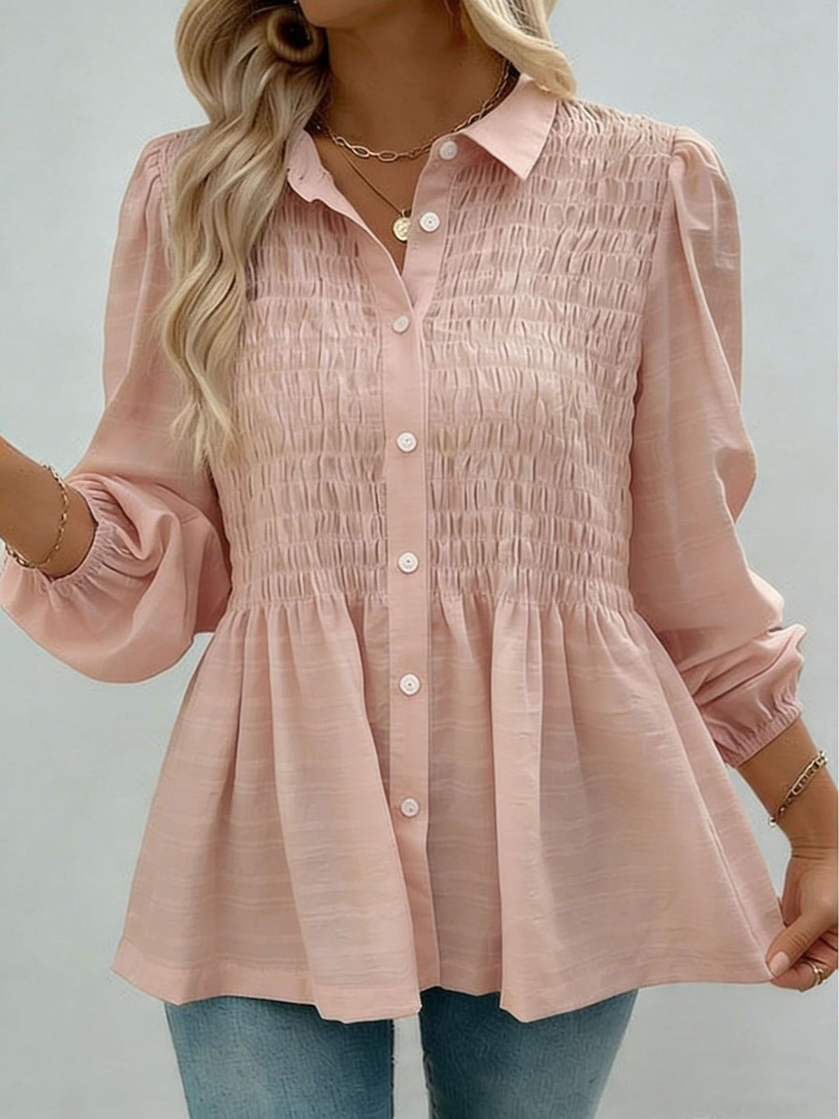 Women's Smocked Puff Sleeve Button Front Peplum Blouse