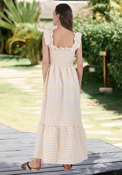 Gingham Smocked Maxi Dress Square Neck Ruffle Sleeve