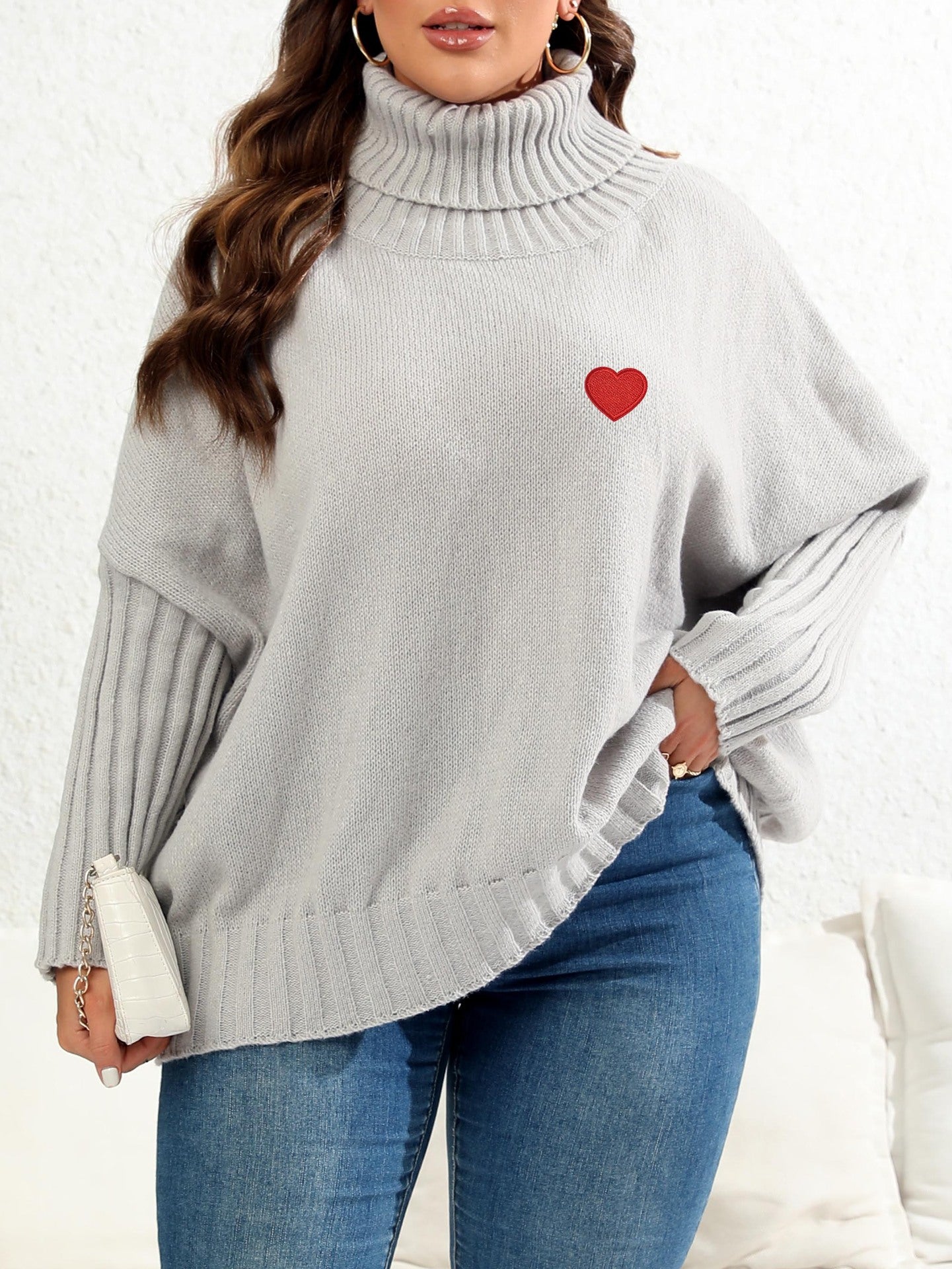 Women's Love Sticker Sweater Solid Color Turtleneck Loose Pullover